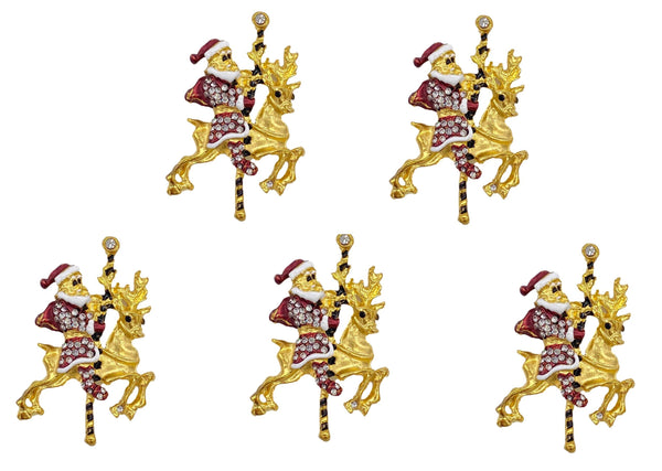 5pcs Rhinestone Santa and Gold Reindeer Merry go Round Embellishments for Christmas and Scrapbooking