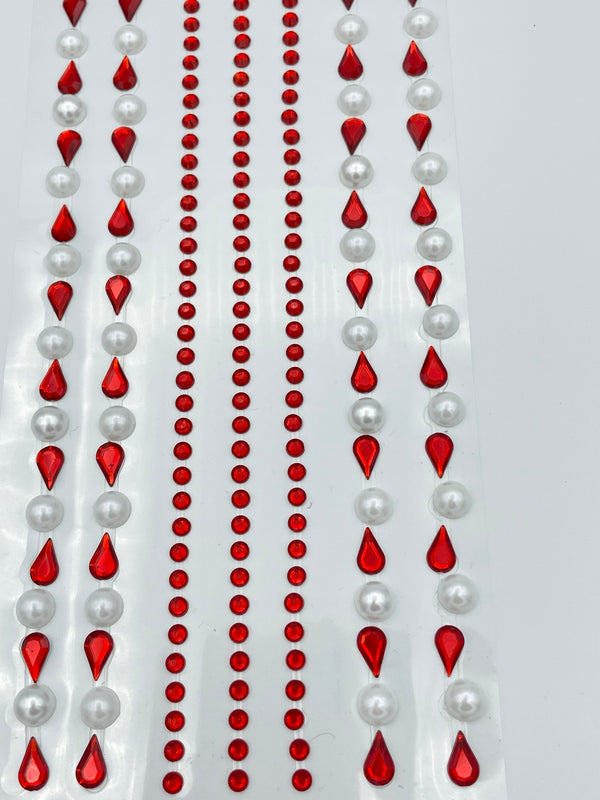 7 Assorted 26cm Red Self Adhesive Acrylic Teardrop Gems and Pearls Embossed Strips Mini Crystal Embellishments for Scrapbooking