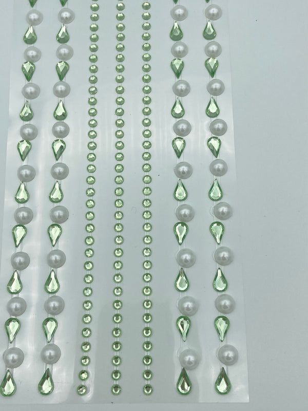 7 Assorted 26cm Mint Green Self Adhesive Acrylic Teardrop Gems and Pearls Embossed Strips Mini Crystal Embellishments for Scrapbooking