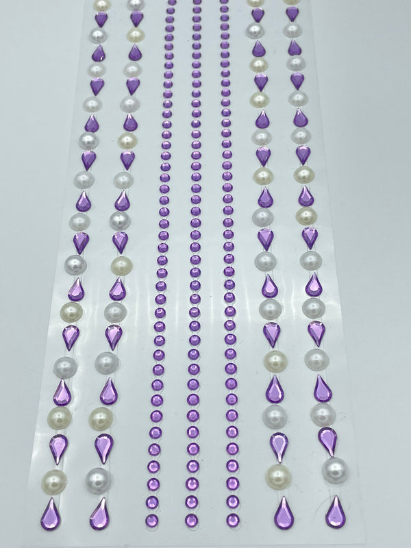 7 Assorted 26cm Purple Self Adhesive Acrylic Teardrop Gems and Pearls Embossed Strips Mini Crystal Embellishments for Scrapbooking