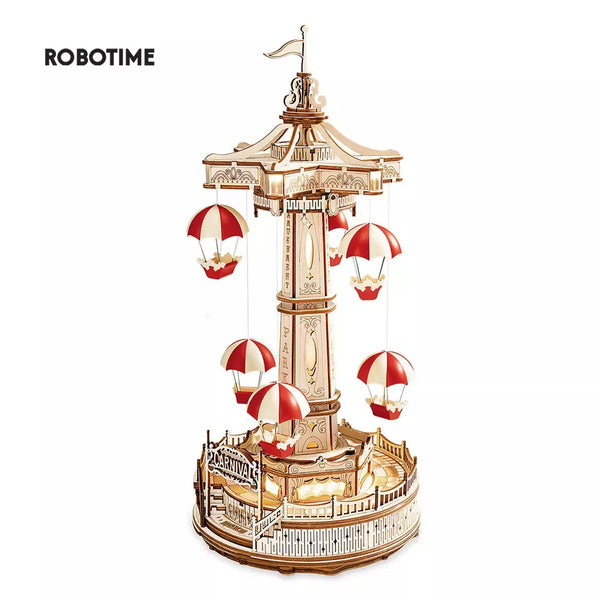 ROKR Magic Amusement Park Parachute Tower Wooden Toy DIY Music Box Moveable 3D Wooden Puzzle for Kids Gifts for Christmas