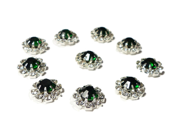 10 Small Round Diamante Embellishments With Large Emerald Green center stone Rhinestone 12mm