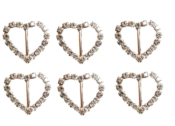 Rose Gold Heart Diamante Rhinestone Ribbon Slider Buckles