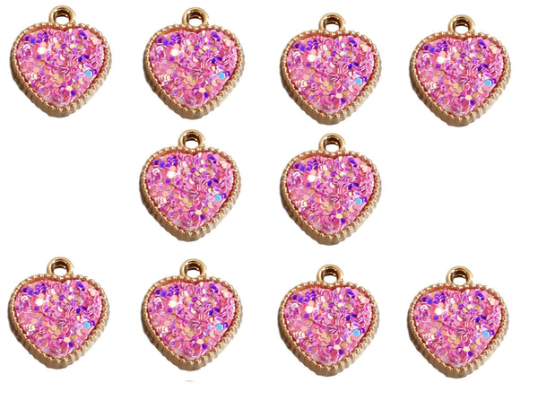 10pcs Pink Resin Hearts with Iridescent Sparkle Dots Double Sided