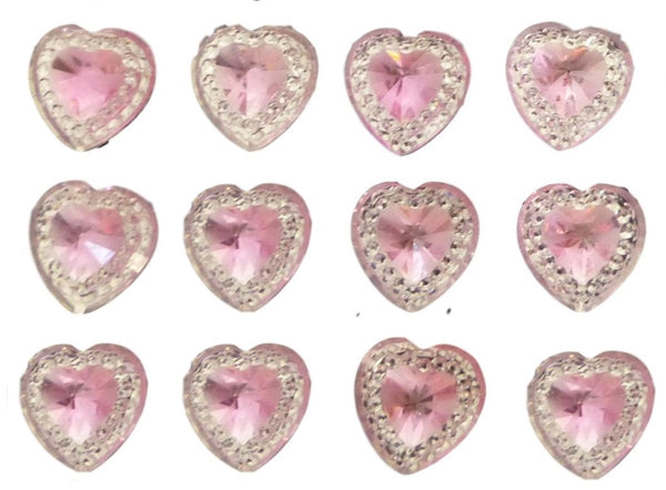 40 Pink self adhesive acrylic hearts embossed mini crystals