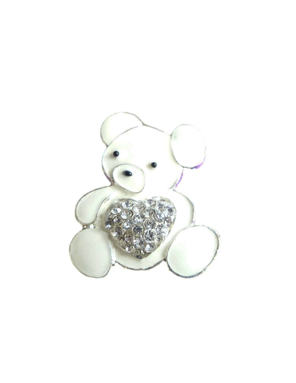 White Enamel Teddy Bear Diamante Crystal Heart Rhinestone Embellishment