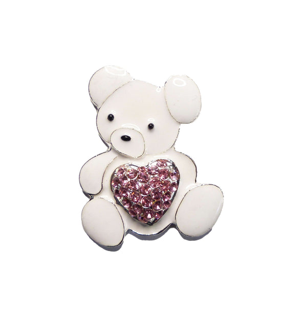 White Enamel Teddy Bear Pink Diamante Crystal Heart Embellishment