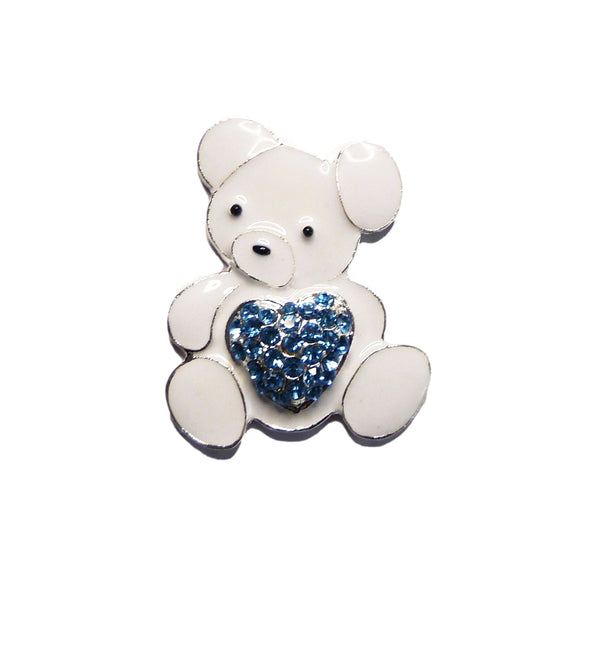 White Enamel Teddy Bear Blue Diamante Crystal Heart Embellishment