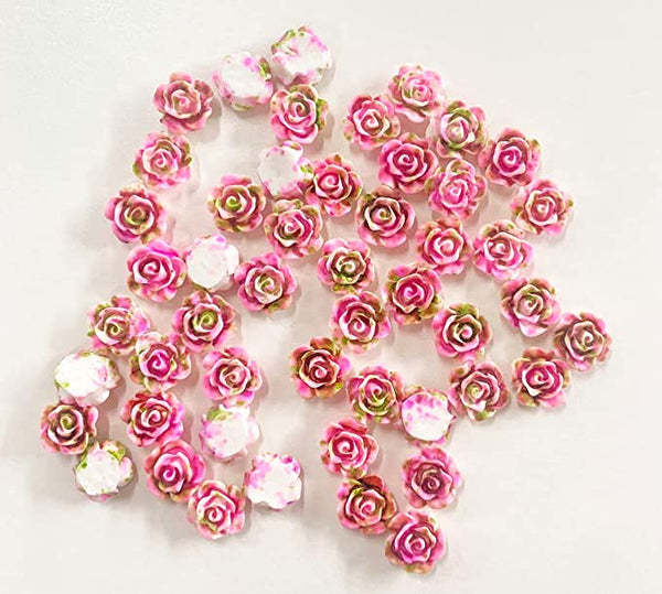 50pcs Kawaii Round Pink and Green Flat Back Rose Flower Resin Embellishments Cabochon for Crafting