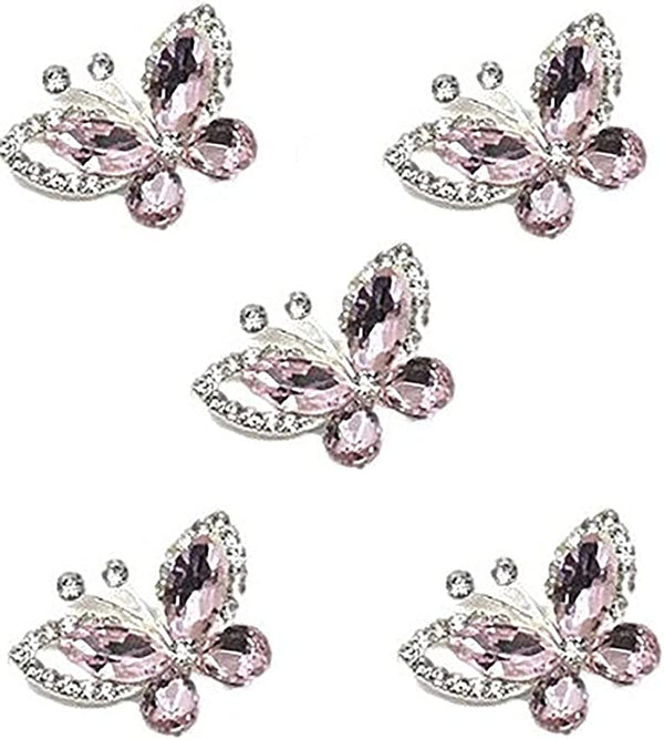 5pcs Crystal Butterfly Flat Back Diamante Embellishment Grade A Rhinestones Sparkly (Pink)