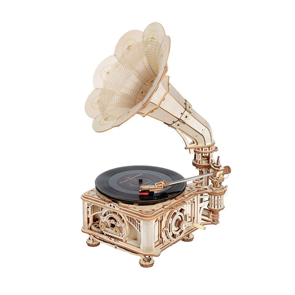 Vintage-style gramophone model on a white background