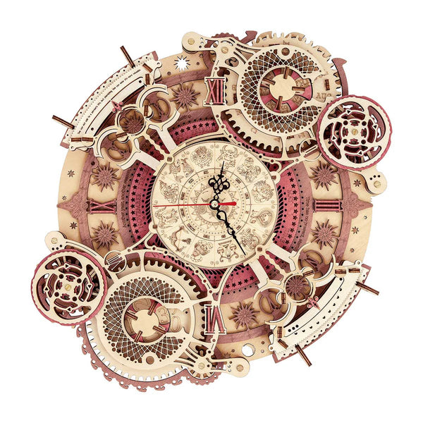 Decorative wall clock with mechanical design on a white background