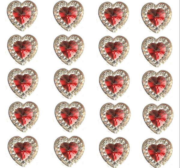 40 ROMA self adhesive acrylic Red hearts embossed mini crystals 12×10 mm