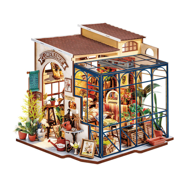 Model of a flower shop with detailed interior and exterior on a white background