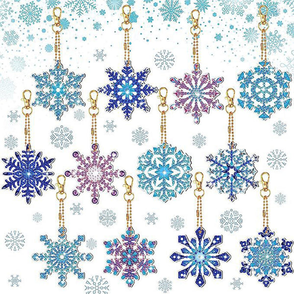 12 Pcs 5D DIY Assorted Snowflake Christmas Diamond Art Keyrings by Numbers Kit Craft Pendant