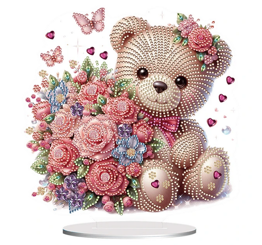 Syntego 5D DIY Teddy Bear Diamond Art Kit Crystal Embroidery Rhinestone Approx 24cm x 23cm Acrylic Table Top Decoration (Bear with Flowers)