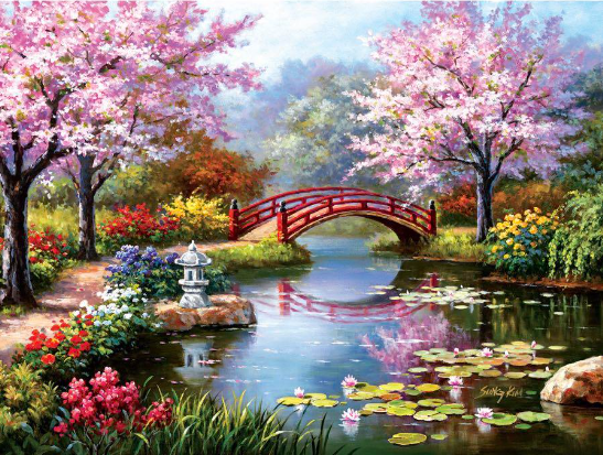 Syntego DIY Paint by Numbers for Adults, Cherry Blossom Bridge Canvas Acrylic Painting Kit with Paintbrushes Approx 50 x 40cm (16" x 20")