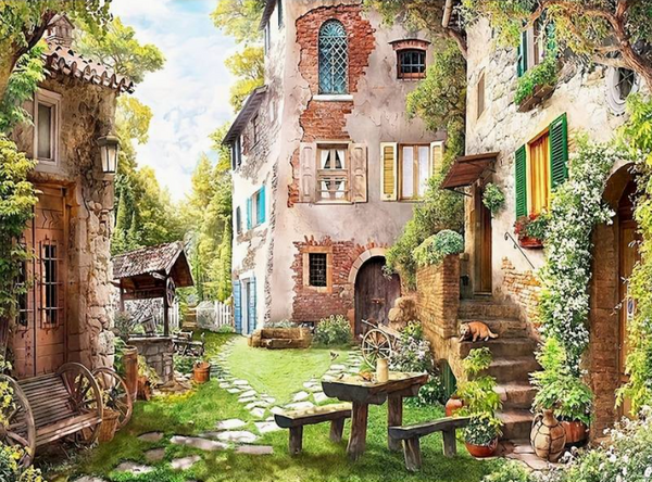 Syntego DIY Paint by Numbers for Adults, Wishing Well Garden Scene Canvas Acrylic Painting Kit with Paintbrushes Approx 50 x 40cm(16" x 20")