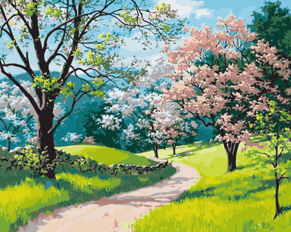 Syntego DIY Paint by Numbers for Adults, Cherry Blossom Trail Canvas Acrylic Painting Kit with Paintbrushes Approx 50 x 40cm(16" x 20")