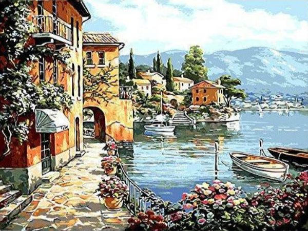 Syntego DIY Paint by Numbers for Adults, France Countryside Harbour Canvas Acrylic Painting Kit with Paintbrushes Approx 50x40cm (16" x 20"