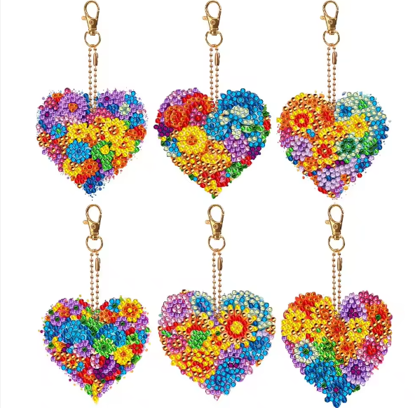 6pcs 5D DIY Assorted Colourful Floral Hearts Diamond Art Keyrings by Numbers Kit for Adults & Kids, Double Sided Rhinestone Craft Pendant