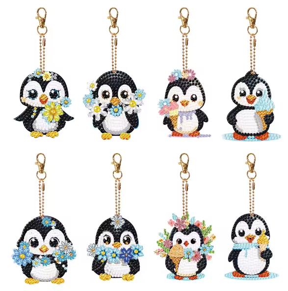 8pcs 5D DIY Assorted Cute Penguin Diamond Art Keyrings by Numbers Kit for Adults & Kids, Double Sided Rhinestone Craft Pendant