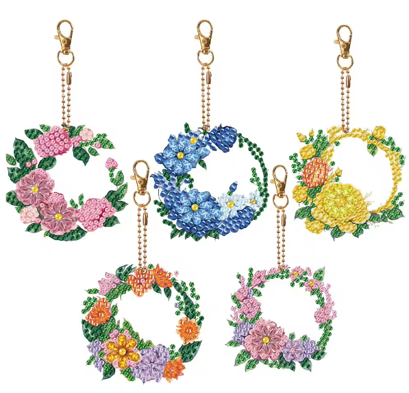 5pcs 5D DIY Assorted Colourful Wreaths Diamond Art Keyrings by Numbers Kit for Adults & Kids, Double Sided Rhinestone Craft Pendant