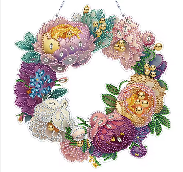 5D DIY Purple Floral Wreath Hanging Diamond Art Kit Crystal Embroidery Rhinestone Approx 25cm x 25cm Acrylic Decoration