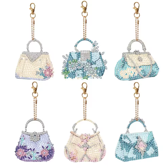 6pcs 5D DIY Assorted Cute Handbags Diamond Art Keyrings by Numbers Kit for Adults & Kids, Double Sided Rhinestone Craft Pendant