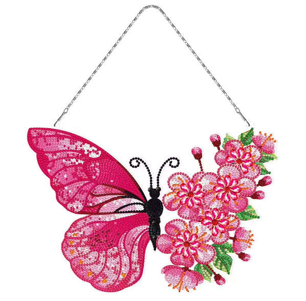 5D DIY Floral Pink Butterfly Hanging Diamond Art Pendant Kit Crystal Embroidery Rhinestone Acrylic Decoration Approx 29cm x 20cm