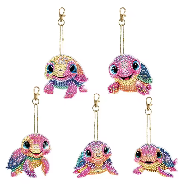 5pcs 5D DIY Assorted Cute Colourful Turtles Diamond Art Keyrings by Numbers Kit for Adults & Kids, Double Sided Rhinestone Craft Pendant