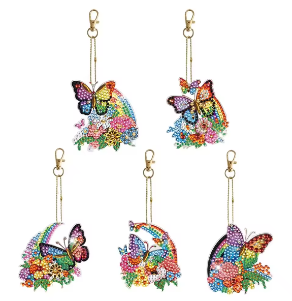 5pcs 5D DIY Assorted Colourful Rainbow Butterfly Diamond Art Keyrings by Numbers Kit for Adults Double Sided Rhinestone Craft Pendant