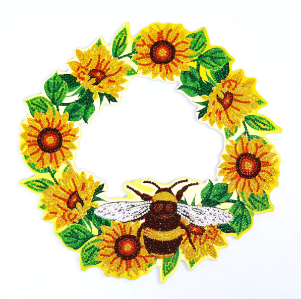 5D DIY Sunflower and Bee Wreath Diamond Art Kit Crystal Embroidery Rhinestone 30cm x 30cm Wooden Hanging Decoration