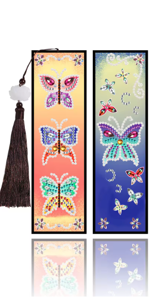 2pcs 5D DIY Colourful Butterfly Diamond Art Bookmarks by Numbers Kit for Adults & Kids, Rhinestone Craft Pendant (Orange and Dark Blue)