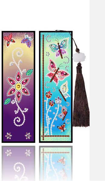 2pcs 5D DIY Colourful Butterfly and Flower Diamond Art Bookmarks by Numbers Kit for Adults & Kids, Rhinestone Craft Pendant(Purple and Blue)