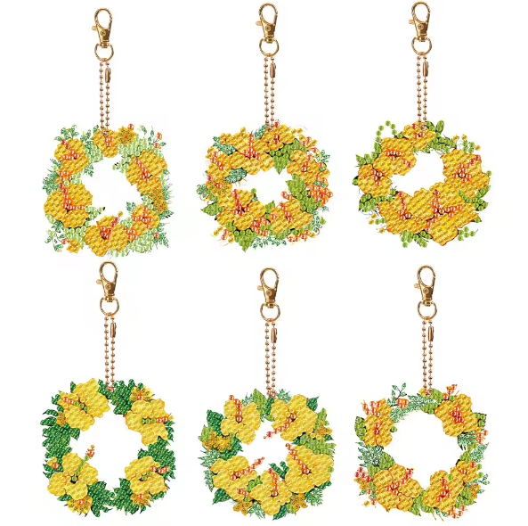 6pcs 5D DIY Assorted Yellow Garland Wreaths Diamond Art Keyrings by Numbers Kit for Adults & Kids, Double Sided Rhinestone Craft Pendant