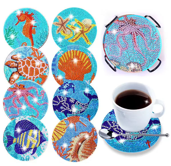 8pcs 5D Diamond Art Coasters Sea Creature Coasters DIY Sea Life Diamond Coasters Kit With Holder