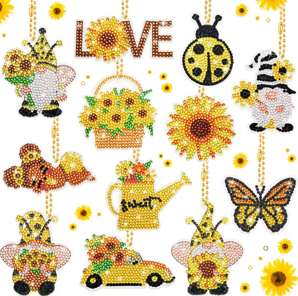 12pcs 5D DIY Assorted Summer Sunflower Diamond Art Keyrings by Numbers Kit for Adults & Kids, Double Sided Rhinestone Craft Pendant