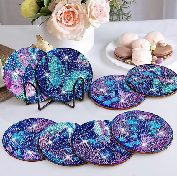 8pcs 5D Diamond Art Coasters Colourful Purple Butterfly Coasters DIY Butterfly Diamond Coasters Kit With Holder