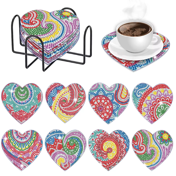 8pcs 5D Diamond Art Coasters Colourful Mosaic Heart Coasters DIY Heart Diamond Coasters Kit With Holder