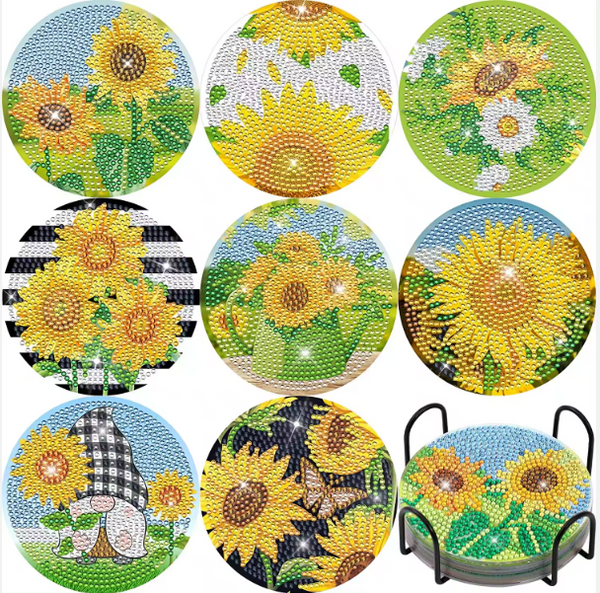 8pcs 5D Diamond Art Coasters Sunflower Gnome Coasters DIY Summer Diamond Coasters Kit With Holder