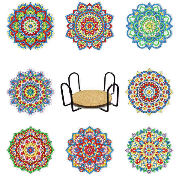 8pcs 5D Diamond Painting Coasters Medallion Mandala Coasters DIY Shaped Diamond Coasters Kit With Holder - Syntego