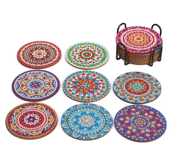 8pcs 5D Diamond Art Coasters Assorted Round Mandala Medallion Coasters DIY Diamond Coasters Kit With Holder