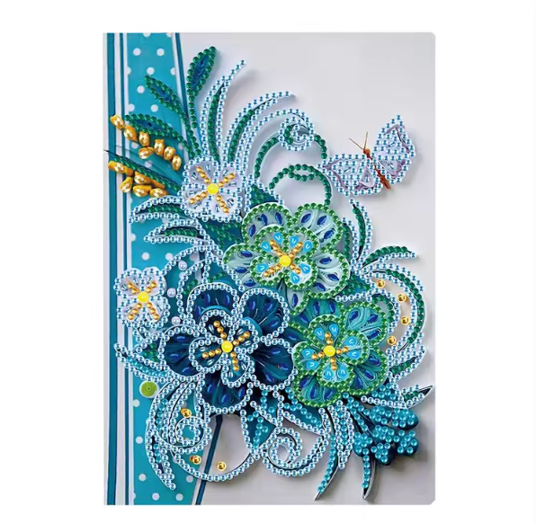 5D DIY Diamond Art Painting Blue Floral Butterfly Notebook DIY Rhinestone Embroidery Diamond Kit for Beginners and Gifts