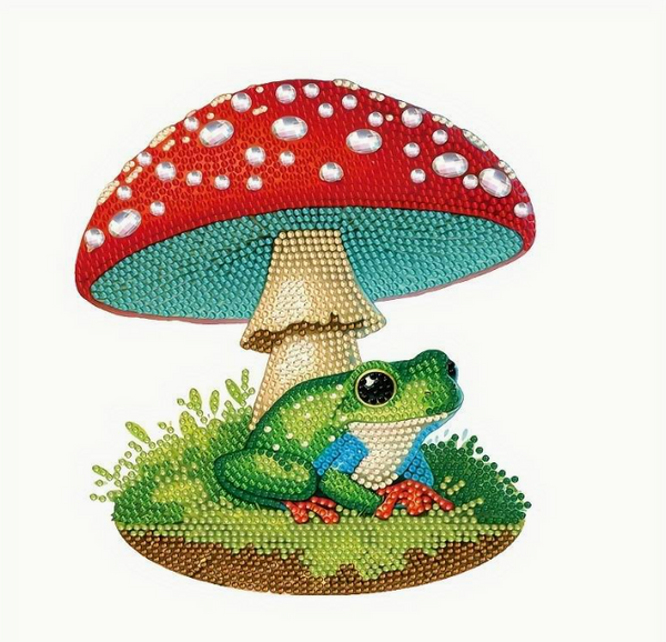 5D DIY Mushroom and Frog Diamond Art Kit Crystal Embroidery Rhinestone Approx 18cm x 18cm Wooden Tabletop Decoration