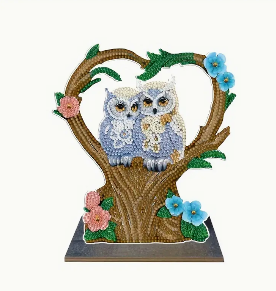 5D DIY Owl in Heart Trees Diamond Art Kit Crystal Embroidery Rhinestone Approx 18cm x 19.5cm Wooden Table top Decoration