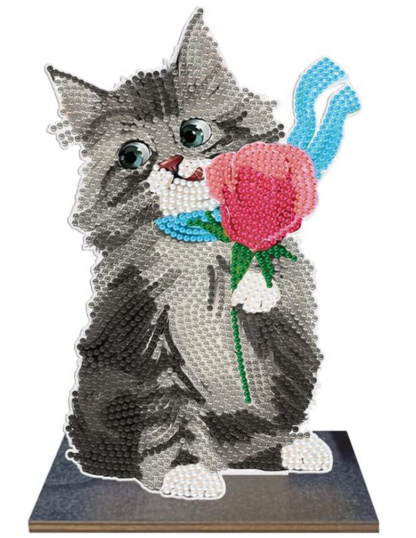 5D DIY Cute Kitten with Yarn Diamond Art Kit Crystal Embroidery Rhinestone Wooden Table top Decoration