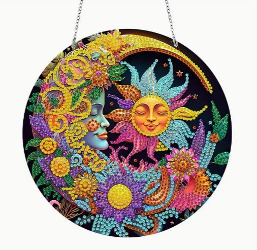 5D DIY Beautiful Mystical Sun and Moon Diamond Art Kit Crystal Embroidery Rhinestone Acrylic Round Hanging Decoration 19cm x 19cm