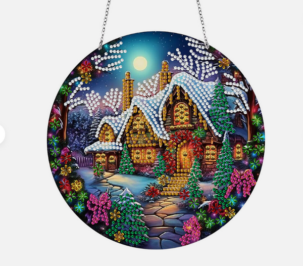 5D DIY Beautiful Snowy Winter House Diamond Art Kit Crystal Embroidery Rhinestone Acrylic Round Hanging Decoration 19cm x 19cm