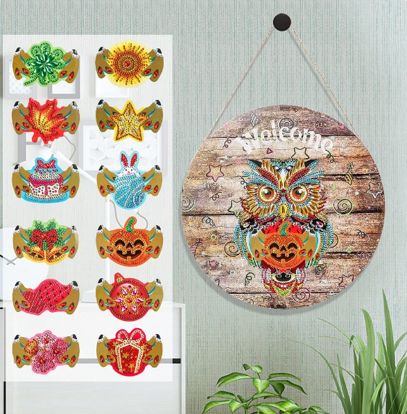 5D DIY Welcome Owl Tin with 12 Magnets Diamond Art Kit Crystal Embroidery Rhinestone Round Hanging Metal Tin Decoration